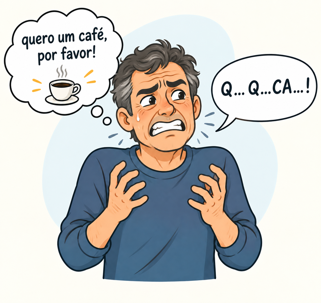 Desenho de um homem frustrado pensando “quero um café, por favor!” e conseguindo dizer apenas sons soltos