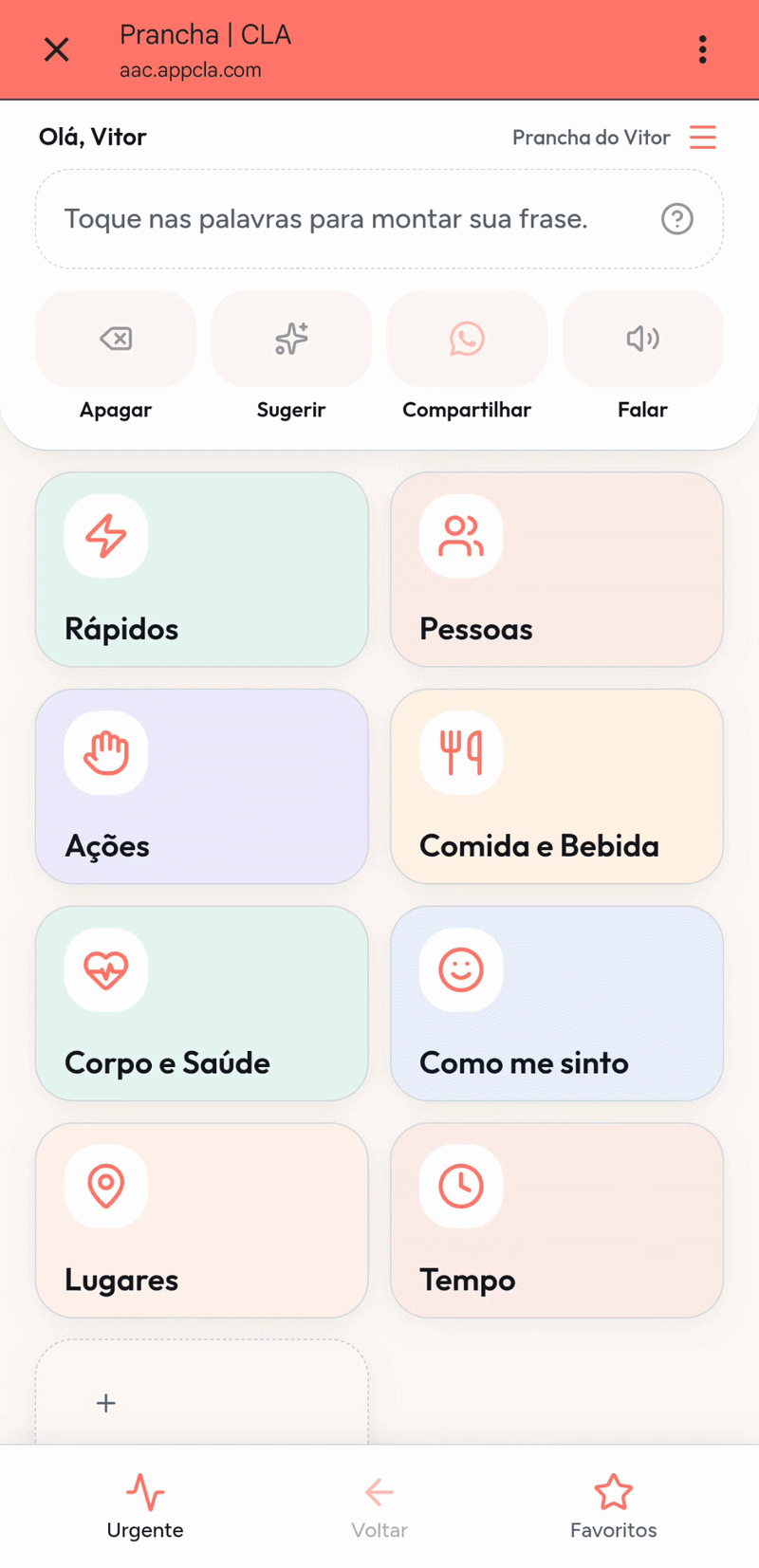 Aplicativo CLA em uso: prancha de comunicação com categorias de palavras