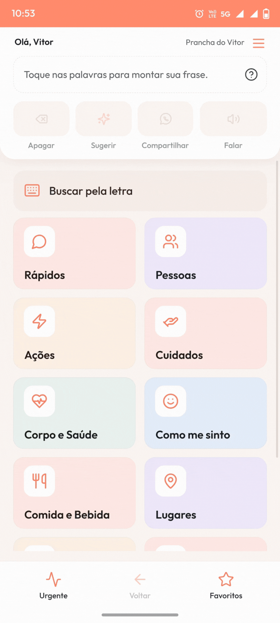 Aplicativo CLA em uso: prancha de comunicação com categorias de palavras