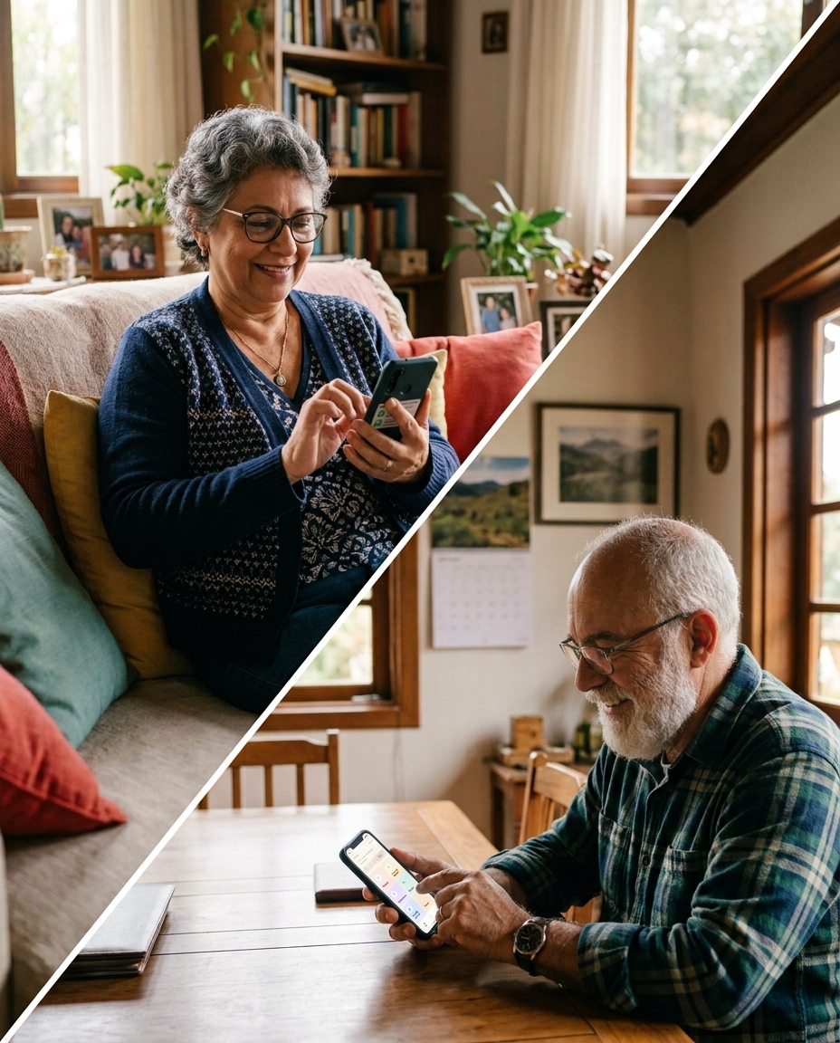 Adulta e cuidador utilizando o aplicativo CLA juntos no sofá